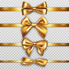 Gold bow with ribbon, realistic silk gift decor. Golden knot for holiday present, satin package tape, yellow threads. Luxury wrapping decoration, vector 3d elements on transparent background