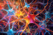 An artistic representation of the brain's synapses, featuring a vibrant, multicolored web of interconnected neurons. Generative AI technology..
