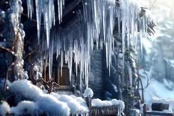Poster - A frozen waterfall or icicles hanging from a roof or tree branch. Generative AI technology..