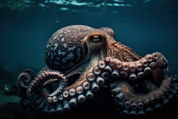 A large octopus at the bottom of the sea between coral reefs, generative AI.