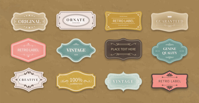 Wall Mural - Label frame. Retro border design. Ornate flourish pattern. Vintage sign. Logo sticker elements with decor and ribbon. Quality guarantee card. Art deco tags set. Vector template collection