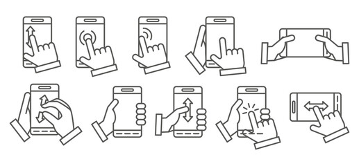 Leinwandbilder - Tap and press on smartphone black icons. Mobile screen touching with fingers. Application control. Cellphone in arms. Pressing or pointing by touchscreen. Vector phone line pictograms set