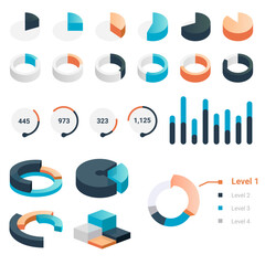 Poster - Graphic charts. Statistic bars and circle diagrams for data presentation. Comparison histogram. Colorful analytic graphs. Business information visualization. Vector infographics set
