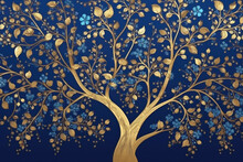 Elegant Gold And Royal Blue Floral Tree With Seamless Leaves And Flowers Hanging Branches Illustration Background