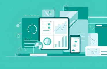 illustration in a teal color scheme representing website traffic,analytic,chart view integration ,ch