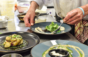 Chef working in busy kitchen preparing meals