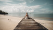 © PETR BABKIN - woman sits on a pier looking out to sea. Generative Ai
