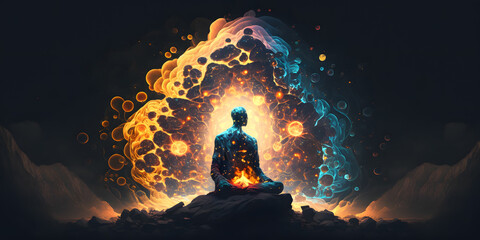 Wall Mural - astral yoga silhouette of human in cosmic space meditate. practicing transcendental spiritual medita