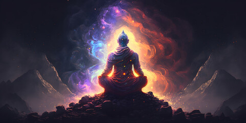 Wall Mural - astral yoga silhouette of human in cosmic space meditate. practicing transcendental spiritual medita