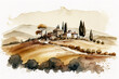 Simple painting watercolor of Tuscany, Italy landscape, Tuscany landscape with fields, meadows, cypress trees and houses on the hills, Italy landmark, Europe, generative ai