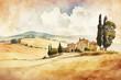 Simple painting watercolor of Tuscany, Italy landscape, Tuscany landscape with fields, meadows, cypress trees and houses on the hills, Italy landmark, Europe, generative ai