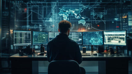 A security expert in front of multiple computer screens in a network operations centre near a server room. Cybersecurity, Cyber awareness training. Generative AI.