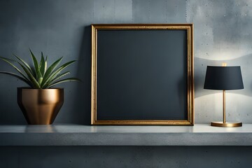 Wooden frame mockup for photo, print, painting, artwork presentation, industrial luxury style decorations, concrete shelf.