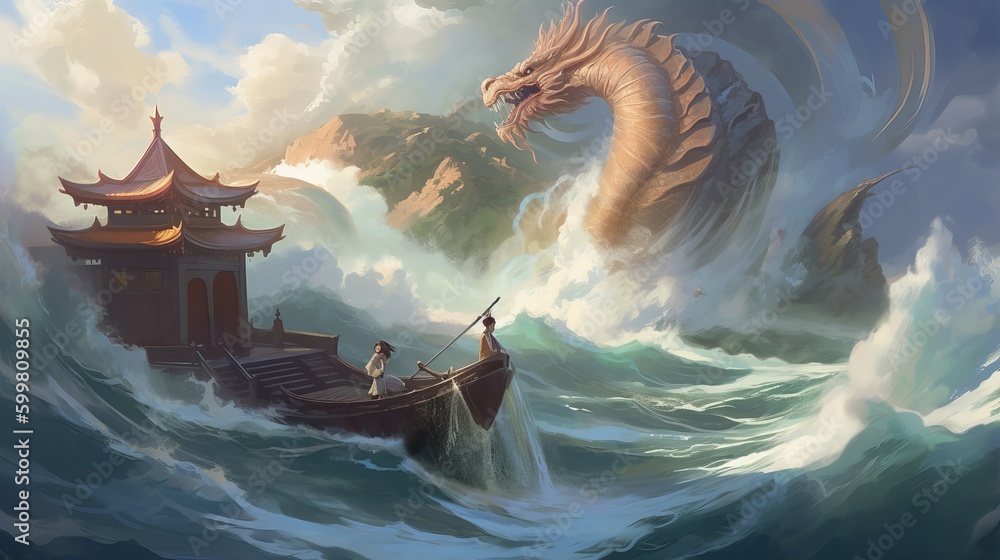 a man standing on top of a boat next to a dragon, fantasy art, very ...