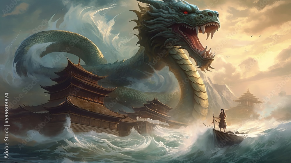 Ilustração a man standing on top of a boat next to a dragon, fantasy ...