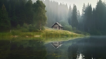 Wall Mural - photography of a lonely house on the shore of a lake in the mountains, the house stands in a forest among tall green pines and firs, house on the lake, cabin in the woods, Generative AI