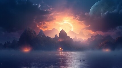 Poster - beautiful oriental background spacescape, sunrise over the mountains, sunrise in the mountains, wallpaper, Generative AI