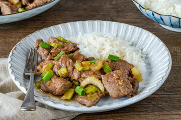 Canvas Print - Steak and celery stir fry with rice