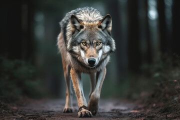  wolf walking on a path in the forest, AI generative