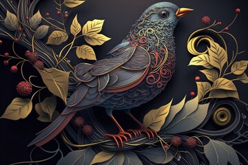  Ornamented Bird in 3D Illustration, Generative AI