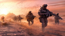 A Military Photorealistic Image Of A Group Of Soldiers On Patrol In A Desert Environment, Sand And Dust Swirling Around Them, One Soldier In The Foreground Checking Their Surroundings