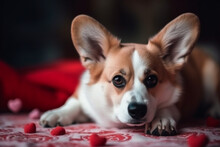 Cute Portrait Of A Corgi Dog Lies On The Floor Among The Symbols Of Love On A Knitted Scarlet And Pink Hearts  Generative AI