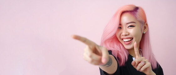 Young asian woman with pink hair smiles and points aside with her fore finger against background. Generative AI