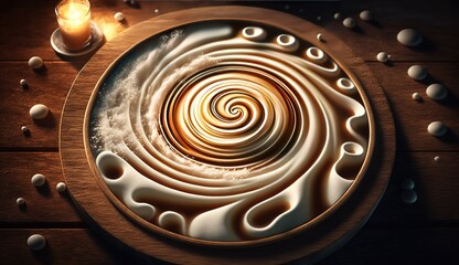 Wall Mural - cappuccino and lattes, please! coffee cafe with spiral foam mat on wooden table generative ai