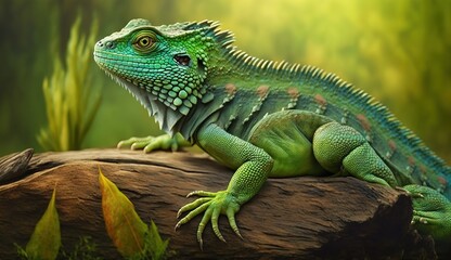 Wall Mural - Green iguana-sized lizard lounging on a log in the grass Generative AI