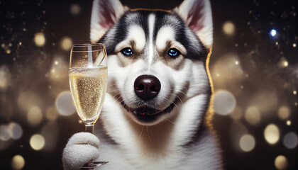 Happy husky dog celebrating at a birthday party with a glass of champagne, generative ai