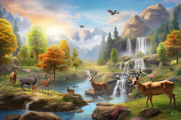 Nature Travel Lovely Countryside view Valley Meadow Beautiful Place Background with Mountains, Deer Animals, Flowers, Forest Trees, River, and Waterfall. 3d Interior Mural wall art Wallpape