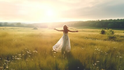 A young happy woman dancing in sunbeams at a green spring meadow feeling free. Generative AI.