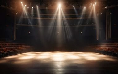 Empty stage of the theater, lit by spotlights before the performance. Red round podium on bright background. Empty pedestal for award ceremony. Platform illuminated by spotlights. Generative AI