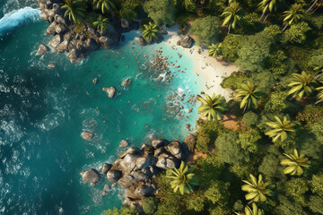 Wall Mural - Tropical island drone view palm trees, beach and coastline, concept of summer travel and tourism, generative ai