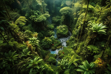 Wall Mural - Tropical green lush rainforest near amazon river, top drone view landscape