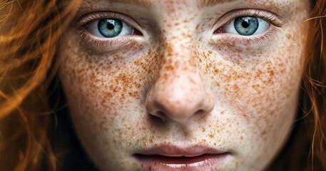 Wall Mural - Close up face of young red ginger freckled woman with ginger hair and perfect healthy freckled skin, close-up portrait of beautiful girl looking at camera with pretty cute nature