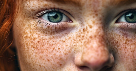 Wall Mural - Close up face of young red ginger freckled woman with ginger hair and perfect healthy freckled skin, close-up portrait of beautiful girl looking at camera with pretty cute nature