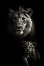 Black And White Portrait Of A Lion With His Cub - Generative Ai