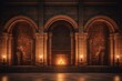 © Aro - Ancient classic architecture stone arches. Ai. With fire flames