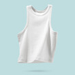 © Garnar - Summer Women's Clothing. Ribbed white tank top flying on light blue background. Female comfortable cotton cloth. Creative template for design Mock up. Copy space