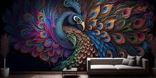 Colorful Peacock Wallpaper. Colorful Mural Background. Generative AI