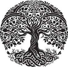 Celtic Tree Of Life Decorative Vector Ornament, Graphic Arts, Dot Work. Grunge Vector Illustration Of The Scandinavian Myths With Celtic Culture. Yggdrasil Weltenbaum Wikinger.