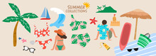 Summer Collection  Illustration. Banner, Vector, Coconut Tree, Human, Bikini, Kayak, Sunglass, Wave