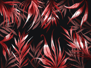 Textured black and red botanical cool leaves vector background isolated on horizontal landscape template for social media or website template, cover title, wrapping paper, scarf prints, poster.
