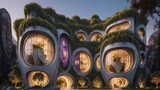 Fototapeta Las - The Hive - Sci-fi futuristic brutalist architecture style building structure with rounded honeycomb pattern and lush vegetation façade - Generative AI Illustration