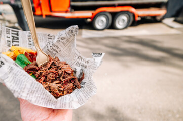 Wall Mural - man holds pulled pork and french fries with sauce in hands. Street food, fast food outdoor