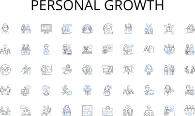  Personal growth line icons collection. Fitness, Exercise, Health, Strength, Conditioning, Endurance, Agility vector and linear illustration. Muscle,Cardio,Wellness outline signs set