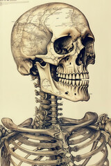 drawing of an isolated human skull in old vintage style. generative ai.