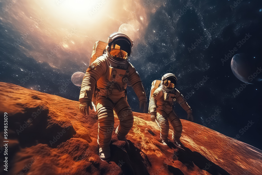 astronauts wearing space suit walking on a surface of a red planet Mars ...