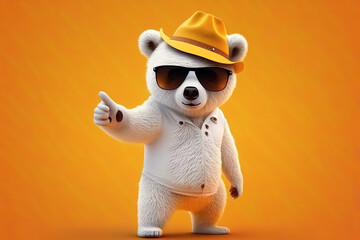 plush toy character a white bear in hat and sunglasses points with finger on yellow background. Generative AI illustration